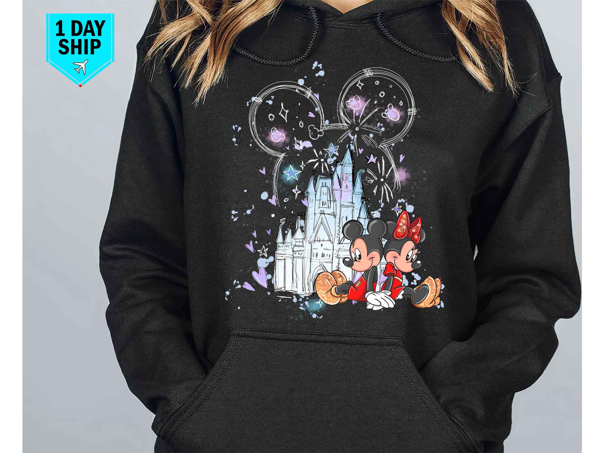 Watercolour Magical Kingdom Mickey Minnie Hoodie