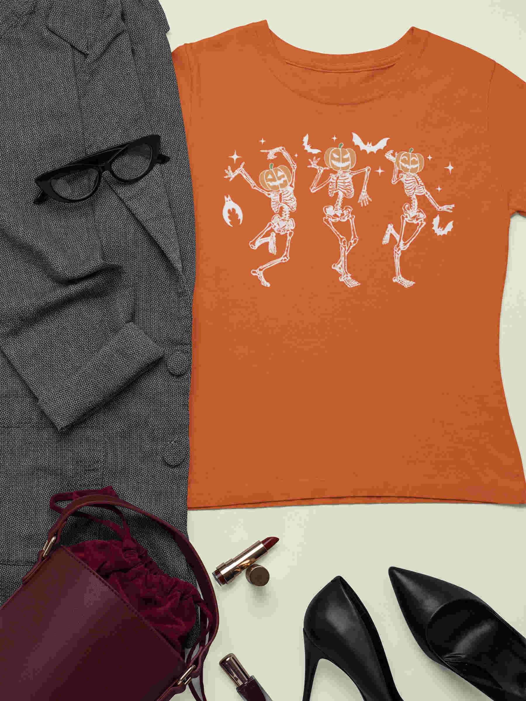 Dancing Pumpkin Head Skeletons Halloween Tshirt - Second View