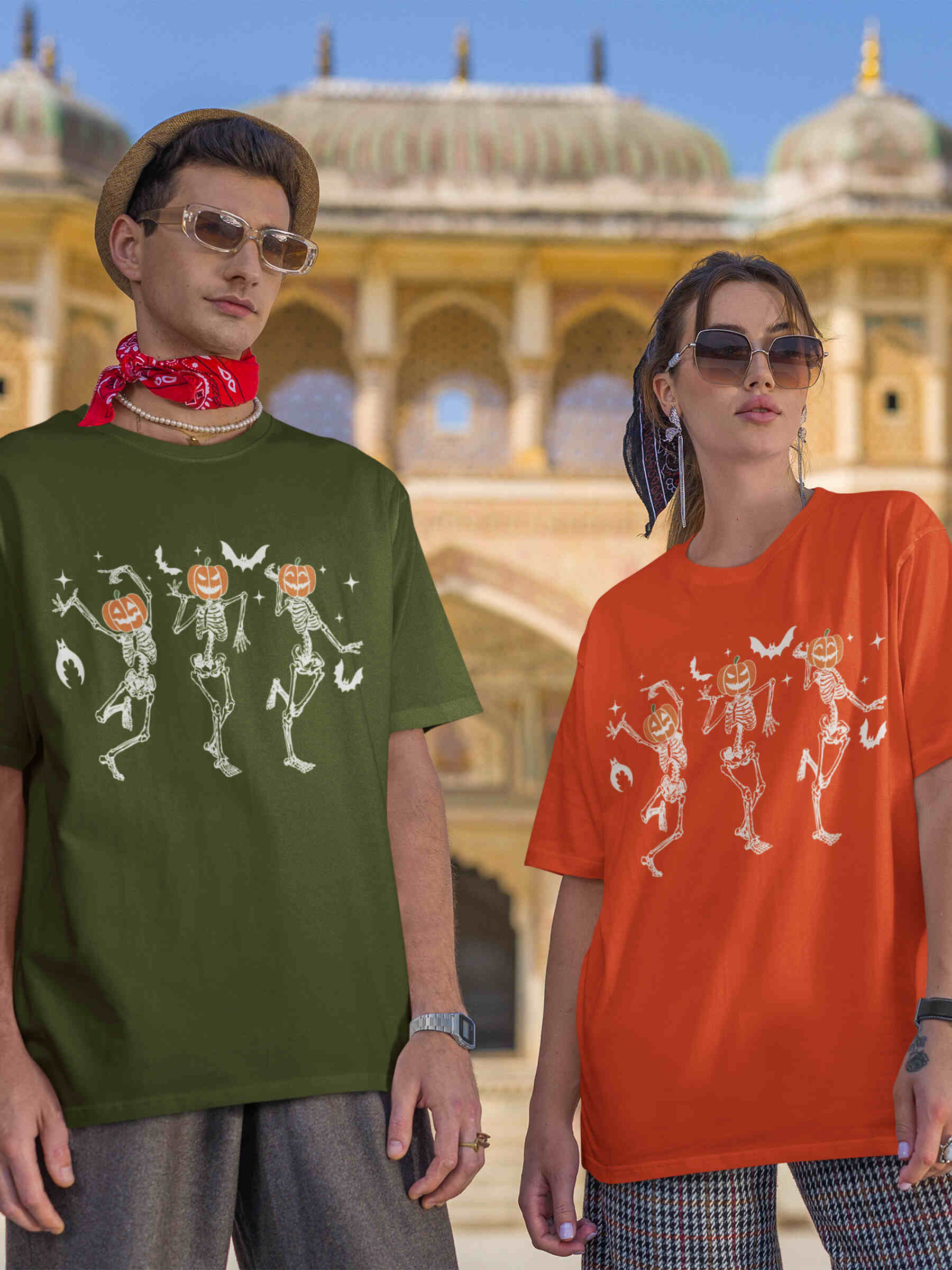 Dancing Pumpkin Head Skeletons Halloween Tshirt