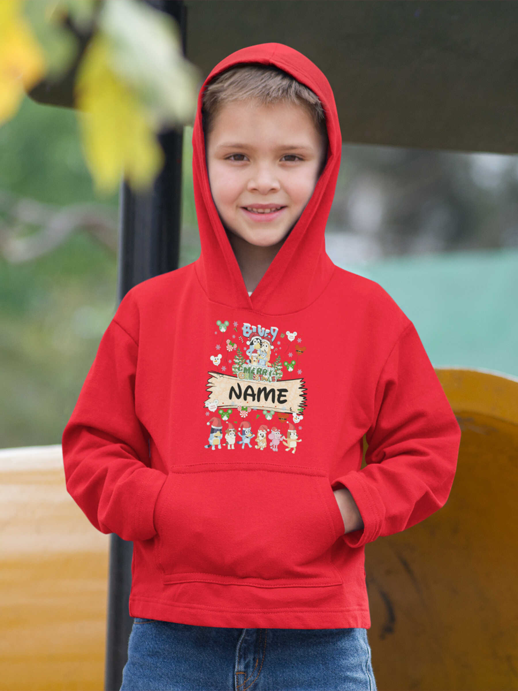 Cudtom Name Kid Christmas Blue Dog Hoodie