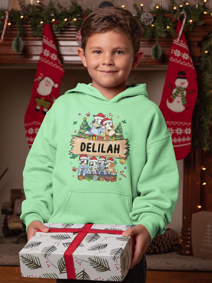 Custom Name Kid Christmas Blue Dog Hoodie