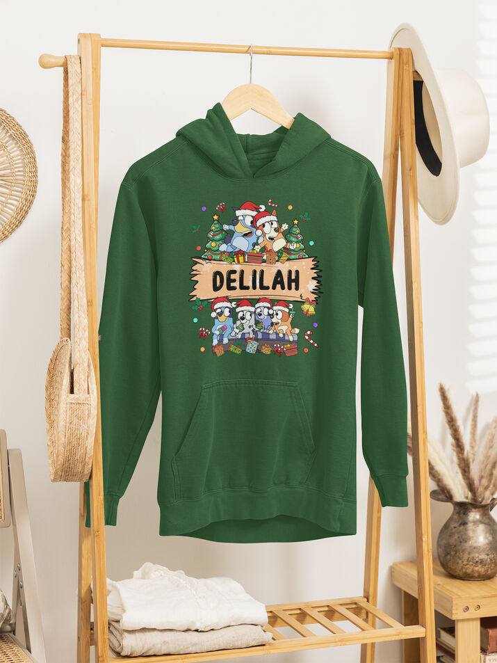 Custom Name Kid Christmas Blue Dog Hoodie - Second View