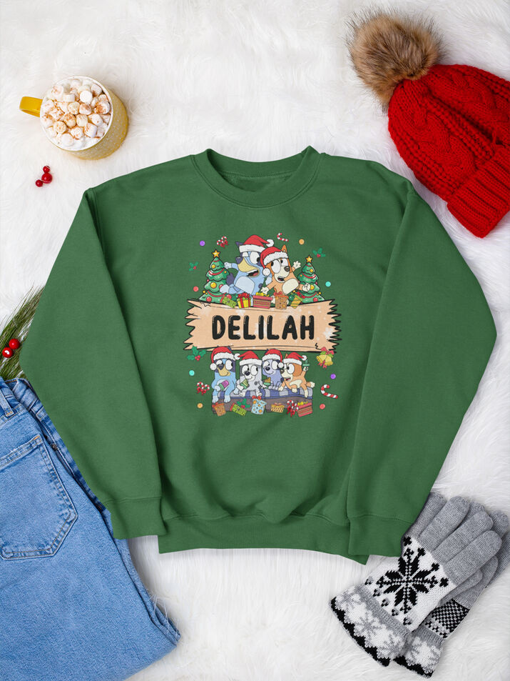 Custom Name Kid Christmas Blue Dog Sweatshirt - Second View