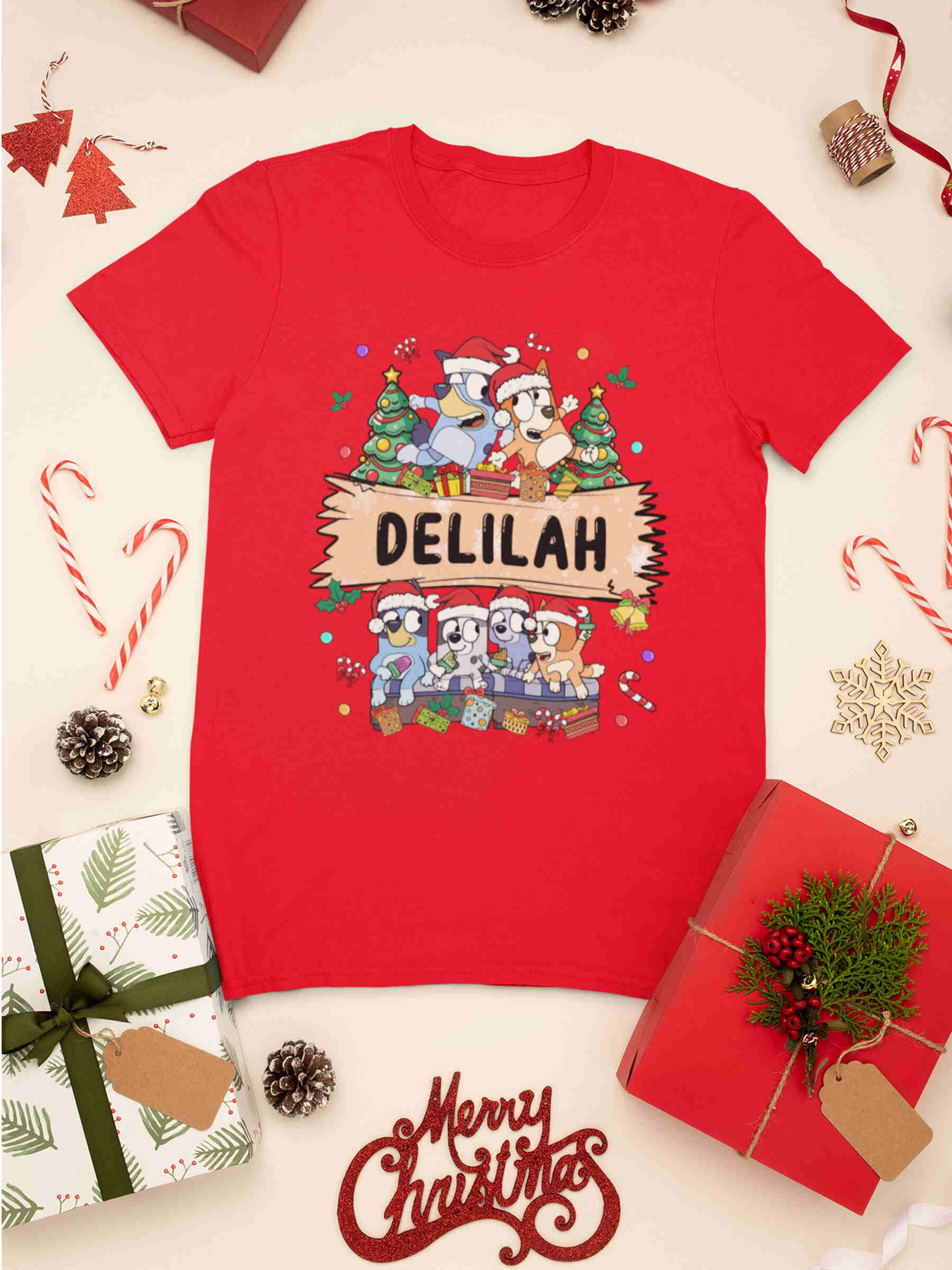 Custom Name Kid Christmas Blue Dog Tshirt - Second View